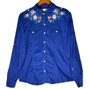 Vintage Panhandle Slims Floral Embroidered Ladies Western Shirt Size M Blue
